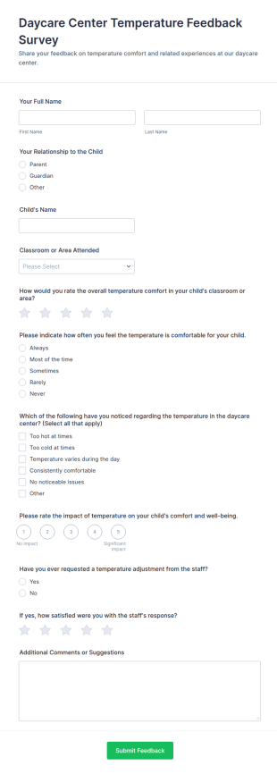 Daycare Center Temperature Feedback Survey Form Template