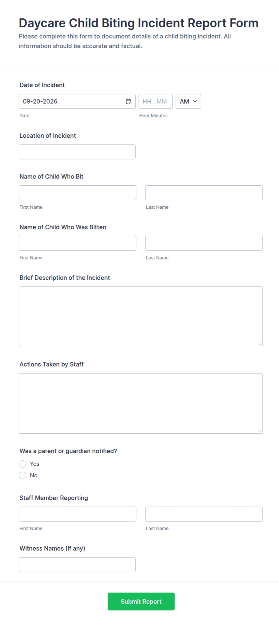 Daycare Child Biting Incident Report Form Template | Jotform