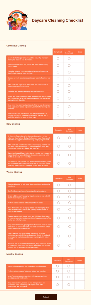 Daycare Cleaning Checklist Form Template