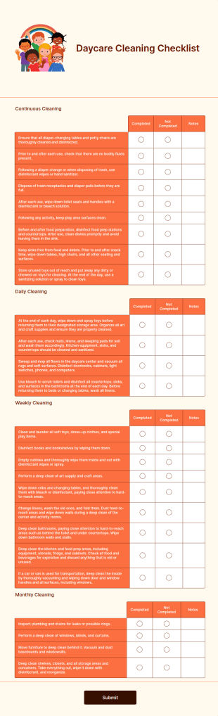 Daycare Cleaning Checklist Form Template