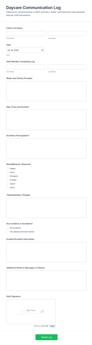 Daycare Communication Log Form Template