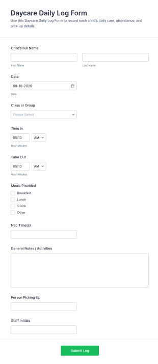 Daycare Daily Log Form Template