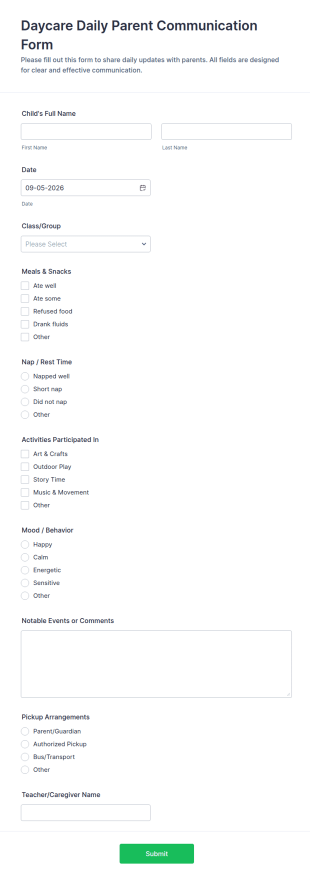 Daycare Daily Parent Communication Form Template