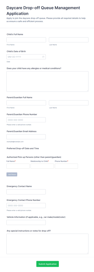 Daycare Drop Off Queue Management Application Form Template