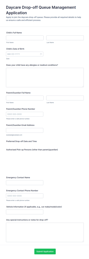Daycare Drop Off Queue Management Application Form Template