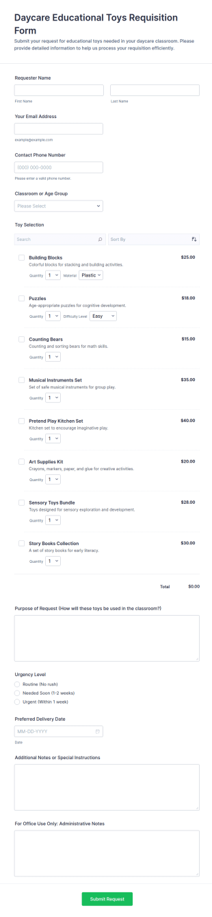 Daycare Educational Toys Requisition Form Template