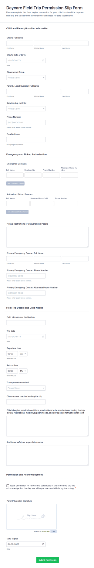 Daycare Field Trip Permission Slip Form Template