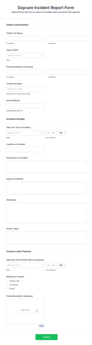 Daycare Incident Report Form Template