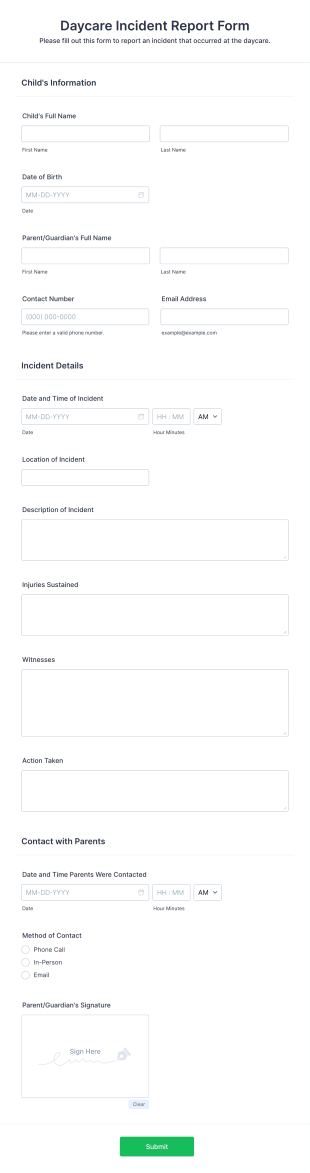 Daycare Incident Report Form Template