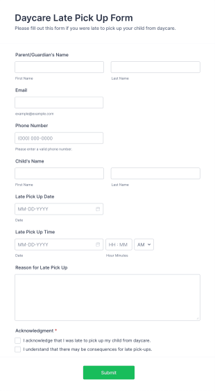 Daycare Late Pick Up Form Template