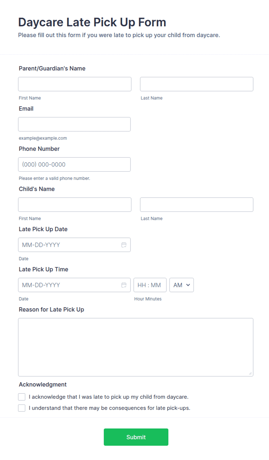 Early Pick Up Note Example Daycare Late Pick Up Form Template | Jotform