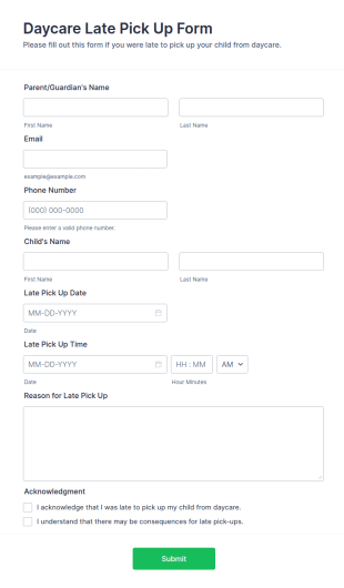Daycare Late Pick Up Form Template