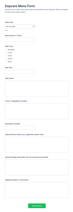 Daycare Menu Form Template