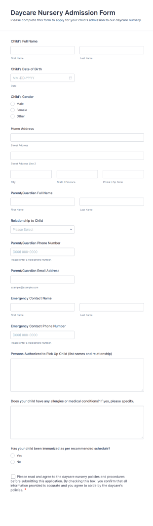 Daycare Nursery Admission Form Template