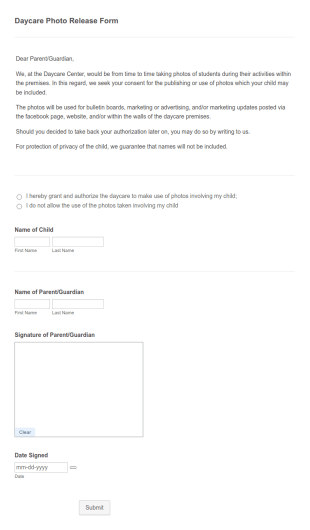 Daycare Photo Release Form Template