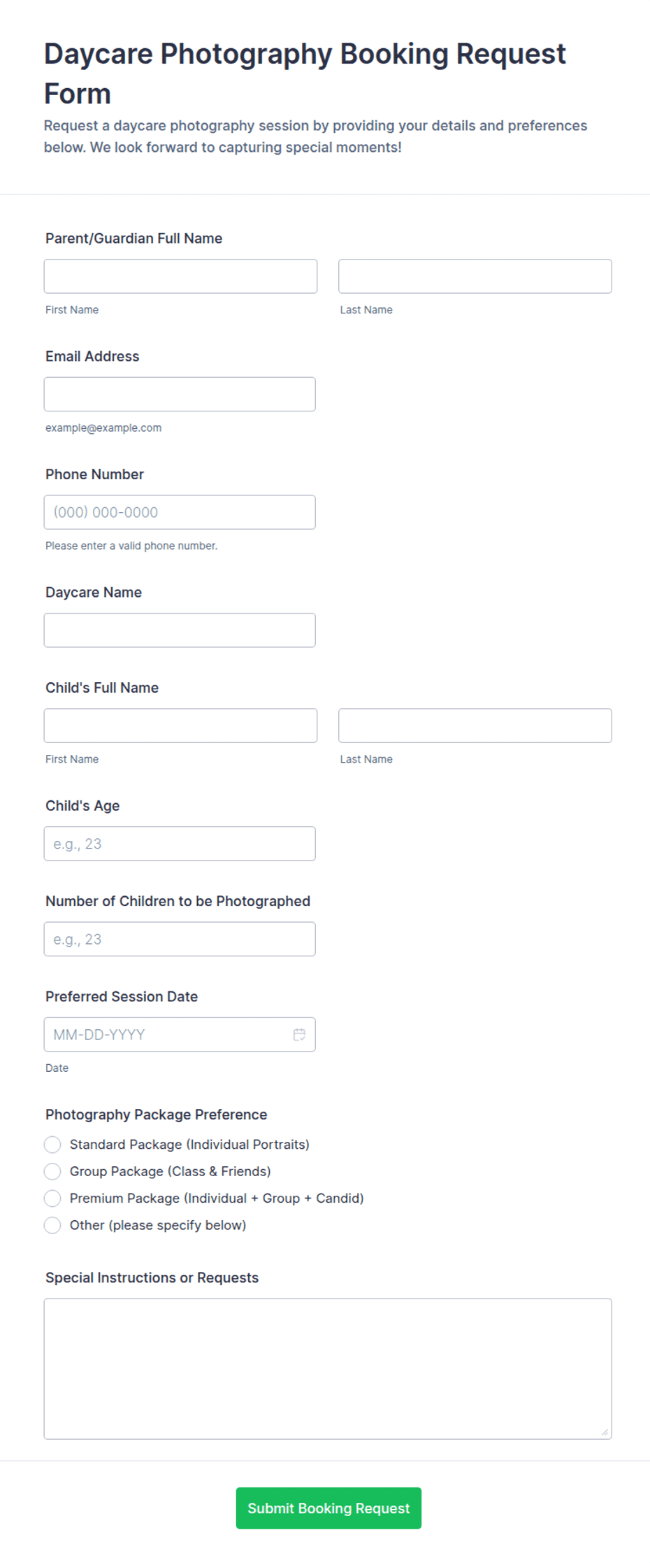 Daycare Photography Booking Request Form Template | Jotform