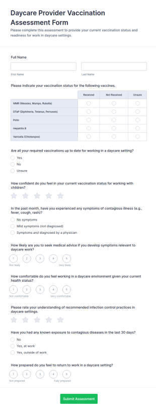 Daycare Provider Vaccination Assessment Form Template