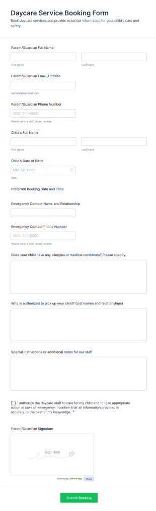 Daycare Service Booking Form Template