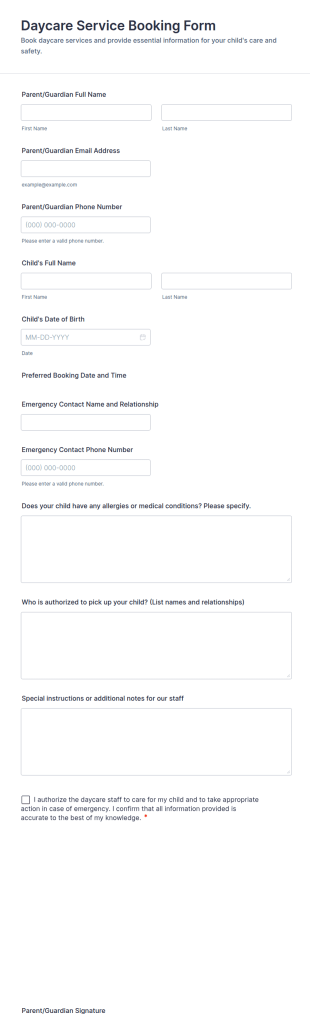 Daycare Service Booking Form Template