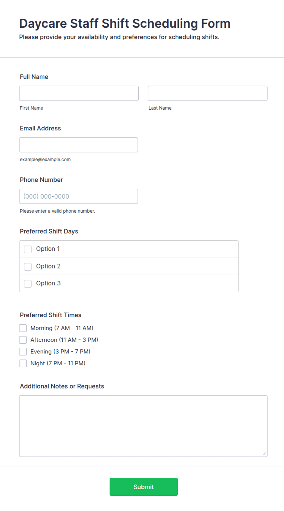 Shadow Shift Form.pdf Daycare Staff Shift Scheduling Form Template | Jotform