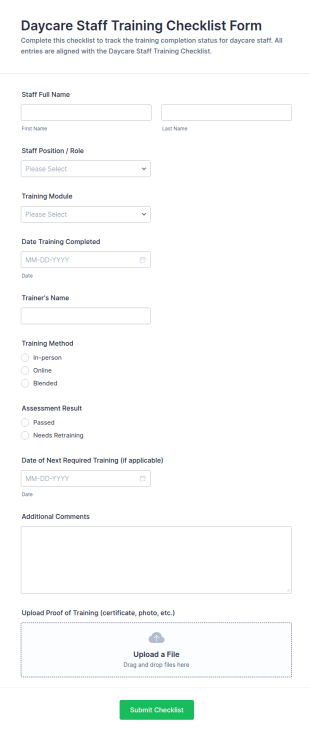 Daycare Staff Training Checklist Form Template