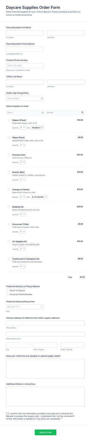 Daycare Supplies Order Form Template