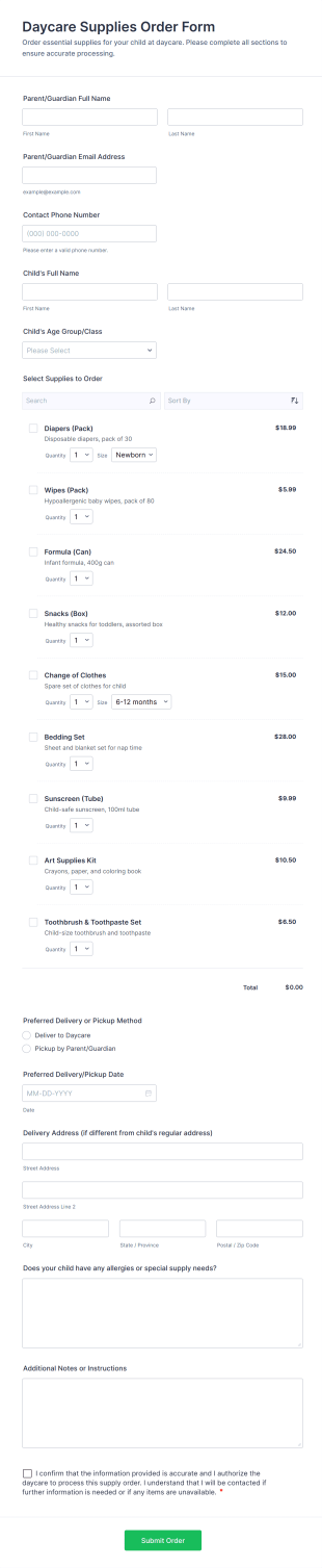 Daycare Supplies Order Form Template