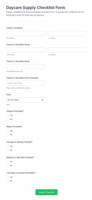 Daycare Supply Checklist Form Template