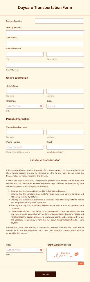 Daycare Transportation Form Template