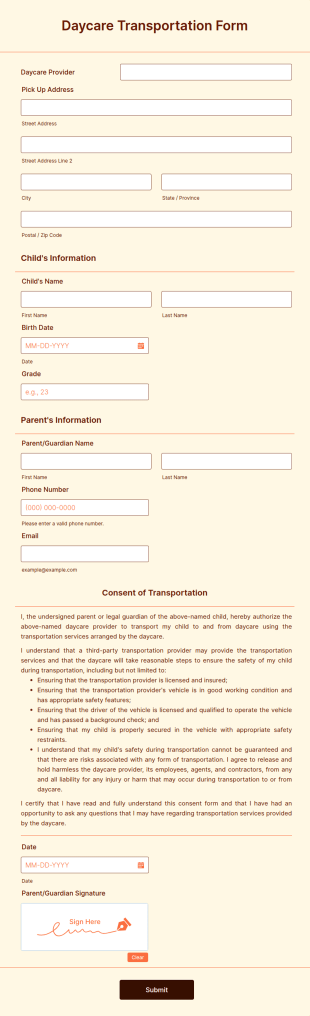 Daycare Transportation Form Template