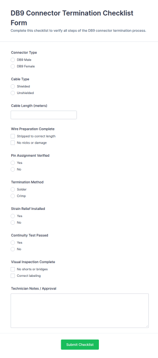 DB9 Connector Termination Checklist Form Template