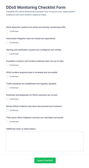 DDoS Monitoring Checklist Form Template