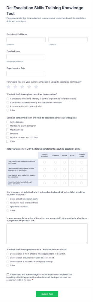 De Escalation Skills Training Knowledge Test Form Template