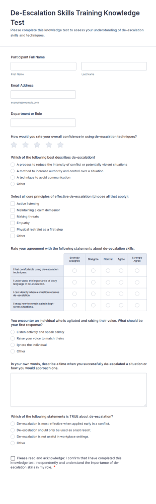 De Escalation Skills Training Knowledge Test Form Template