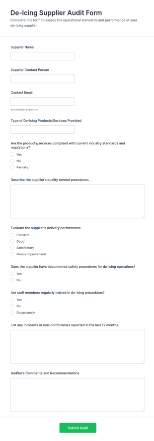 De Icing Supplier Audit Form Template