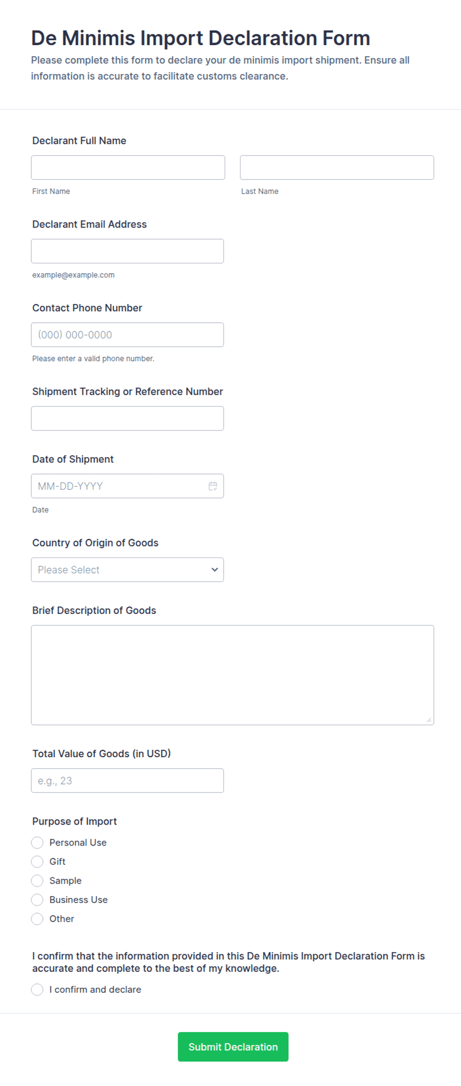 Import Data Form De Minimis Import Declaration Form Template | Jotform