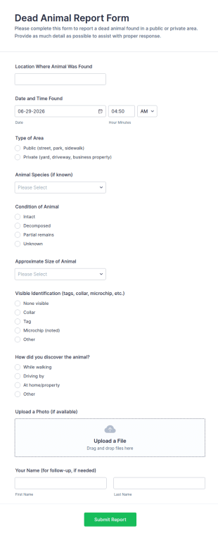 Dead Animal Report Form Template