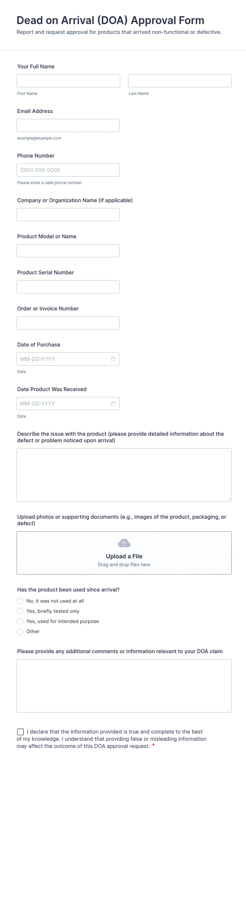 Dead on Arrival (DOA) Approval Form Template | Jotform