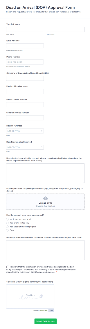 Dead On Arrival (DOA) Approval Form Template