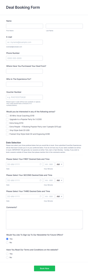 Deal Experience Booking Form Template