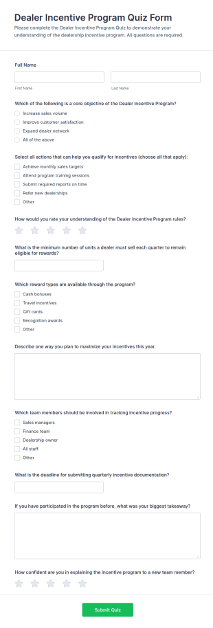 Dealer Incentive Program Quiz Form Template