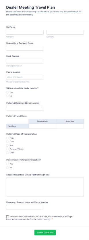 Dealer Meeting Travel Plan Form Template