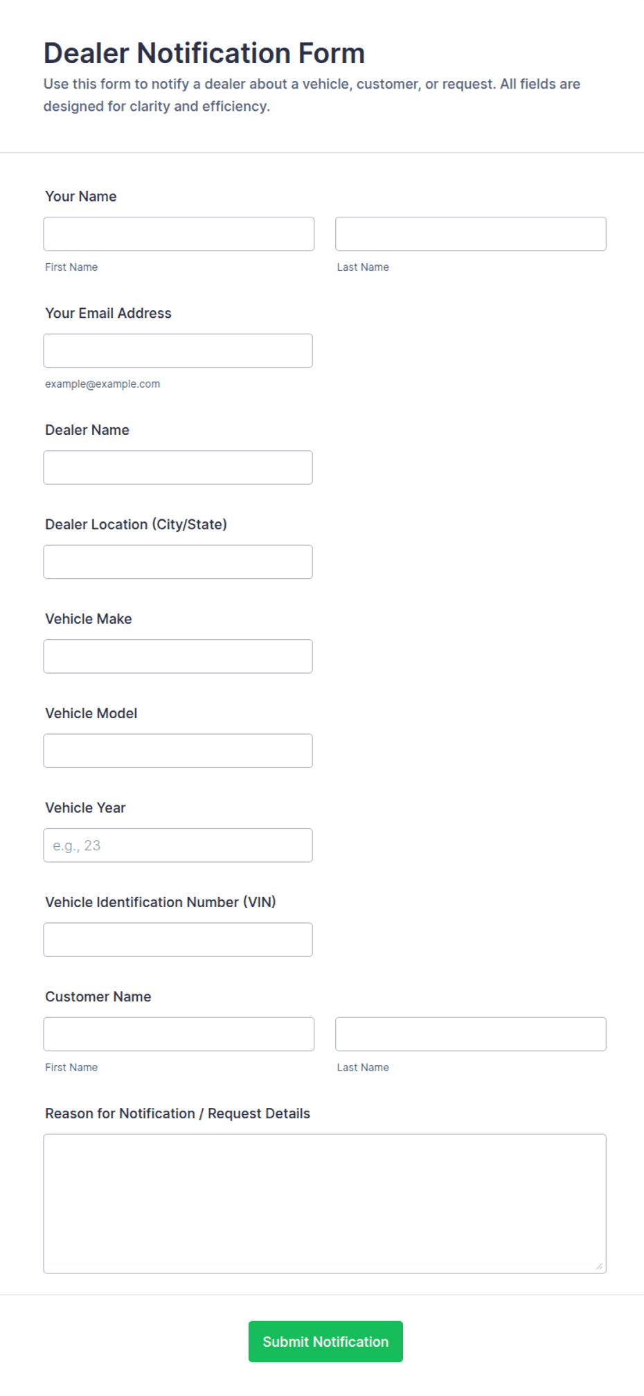 Dealer Notification Form Template | Jotform