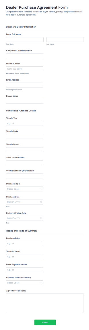 Dealer Purchase Agreement Form Template