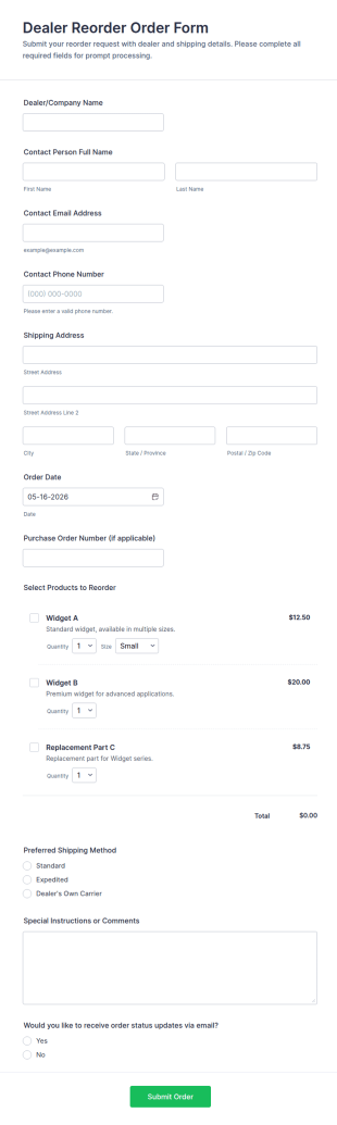 Dealer Reorder Order Form Template