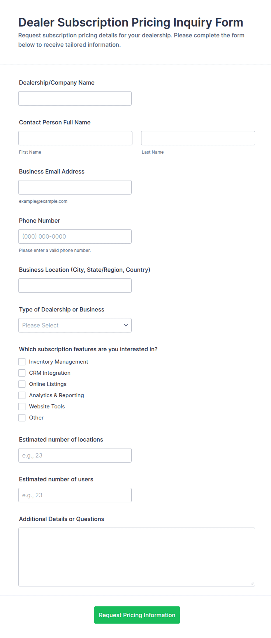 Dealer Subscription Pricing Inquiry Form Template | Jotform