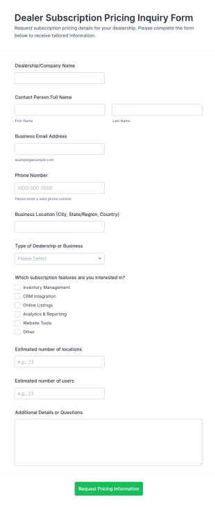 Dealer Subscription Pricing Inquiry Form Template