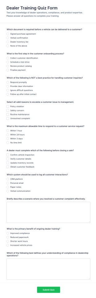 Dealer Training Quiz Form Template