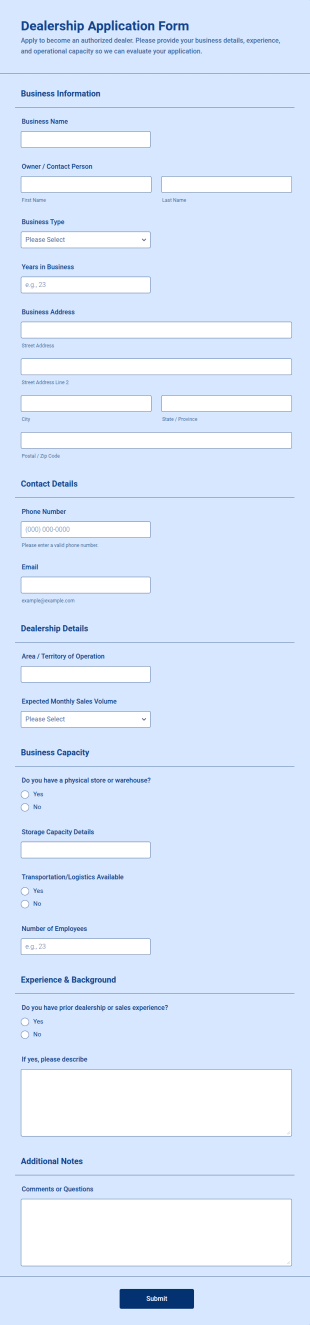 Dealership Application Form Template