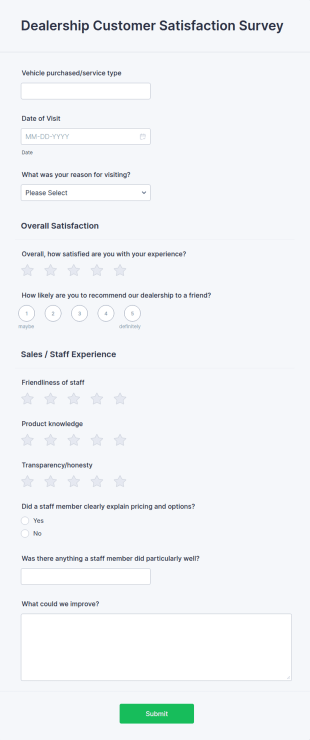 Dealership Customer Satisfaction Survey Form Template